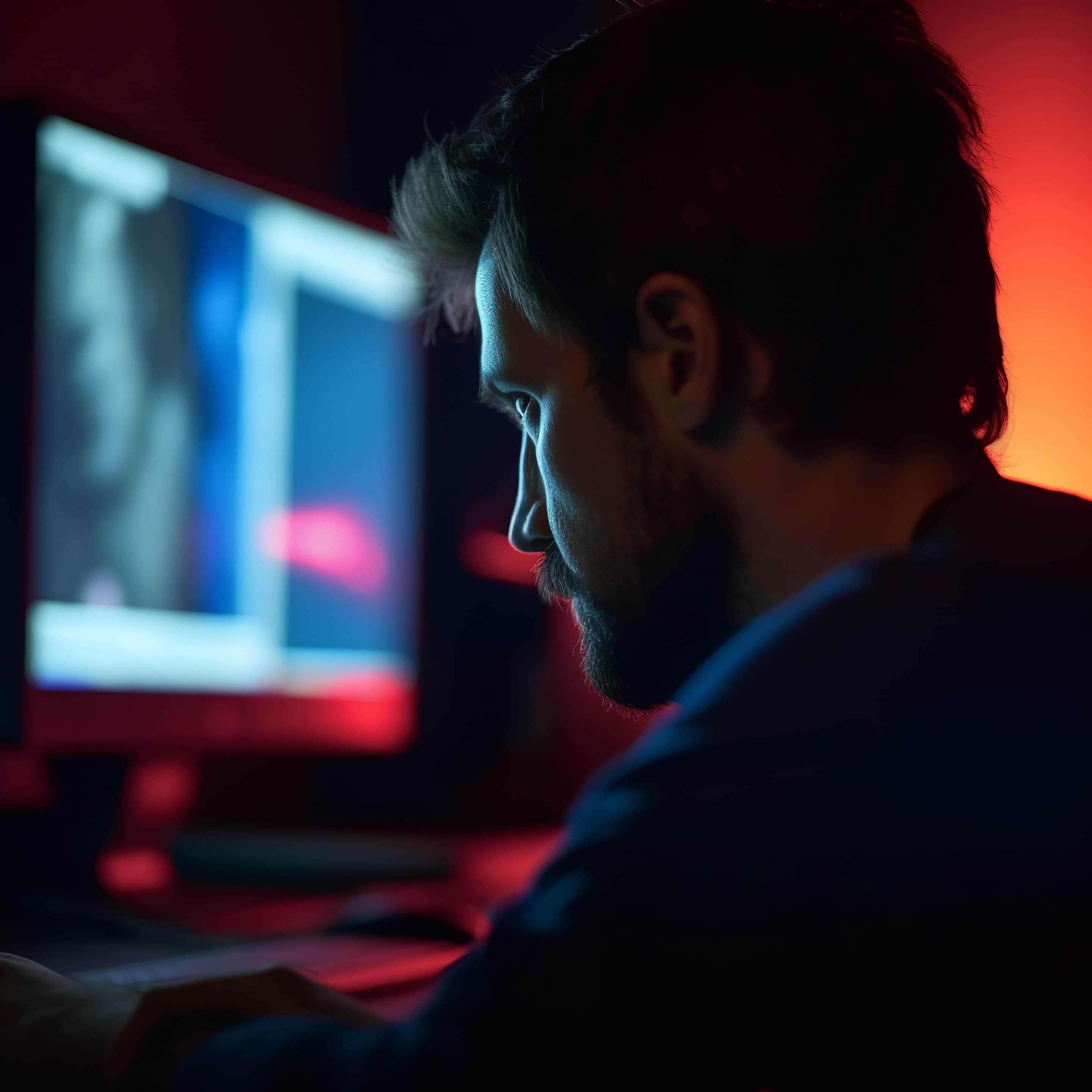 A developer at a monitor in a darkened room, lit in red and blue.